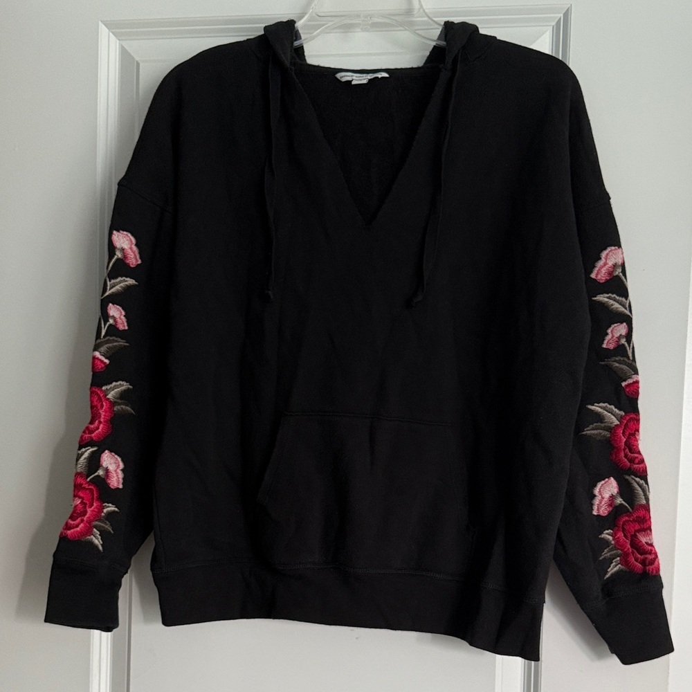 American Eagle Outfitters Black V-Neck Hoodie with Pink Floral Embroidery